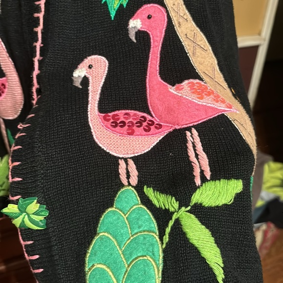 Ladies Large black sweater featuring palms and flamingos - Picture 4 of 5